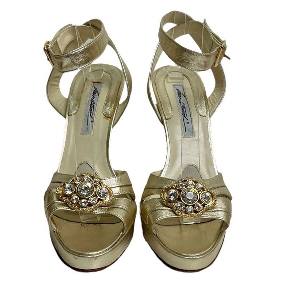 Brian Atwood Crystal Embellished High Heels Metallic Gold Ankle Strap Italy 38 8 - Picture 1 of 12
